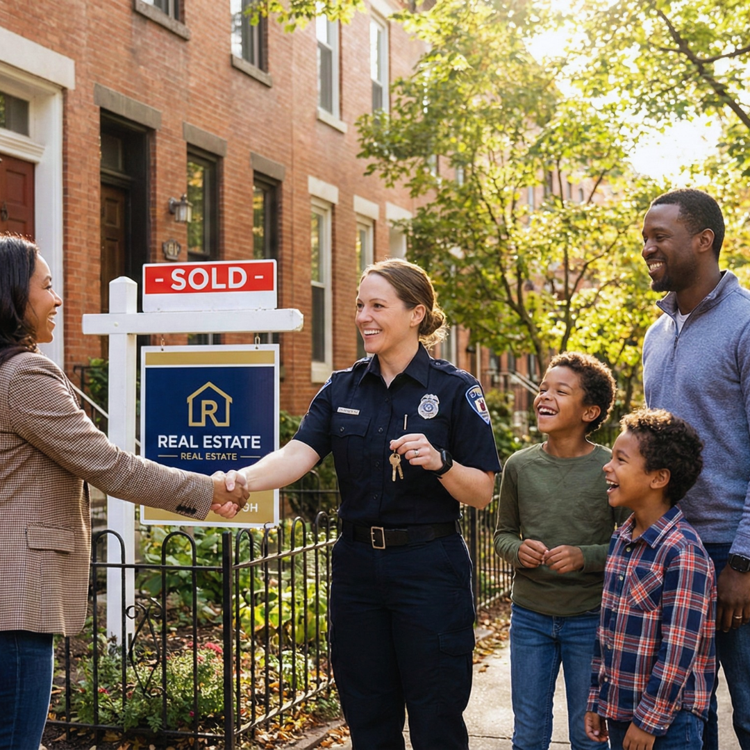 Real estate agent greeting a police officer and family outside their new home